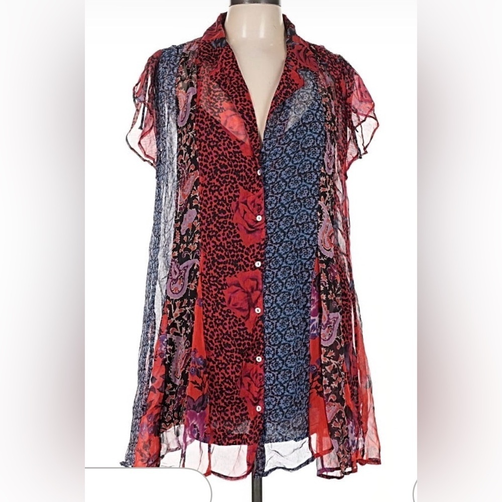 Free People Red and Black Sheer Blouse